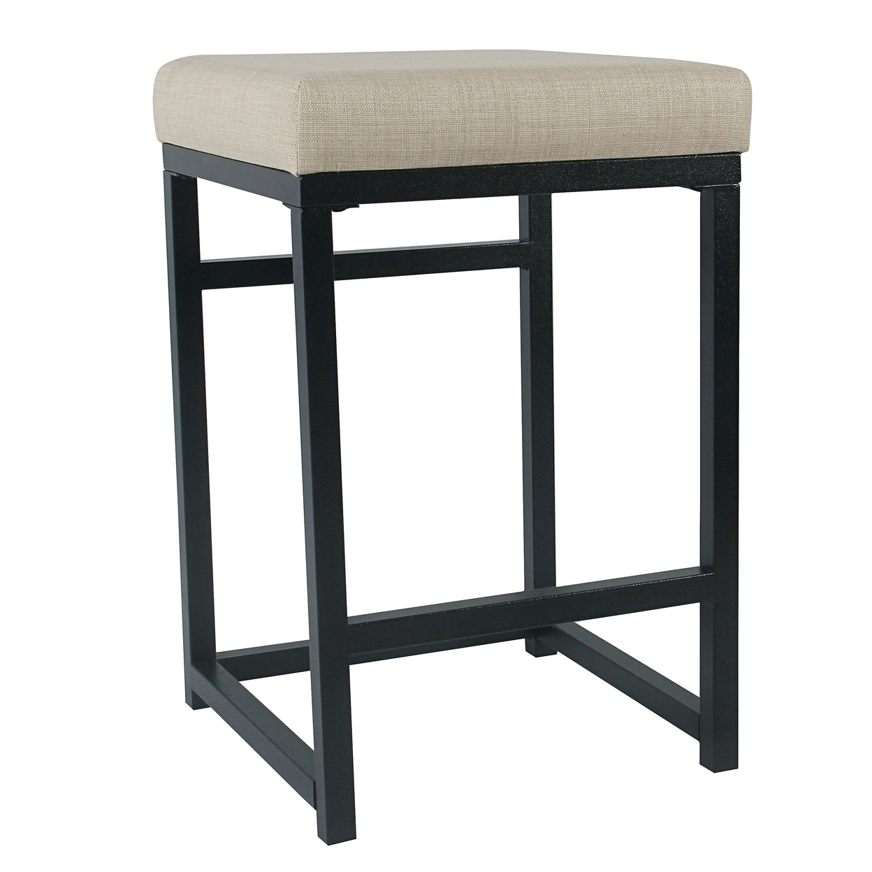 Open Back Metal Counter Stool With Fabric Upholstered Padded Seat, Beige And Black- Saltoro Sherpi