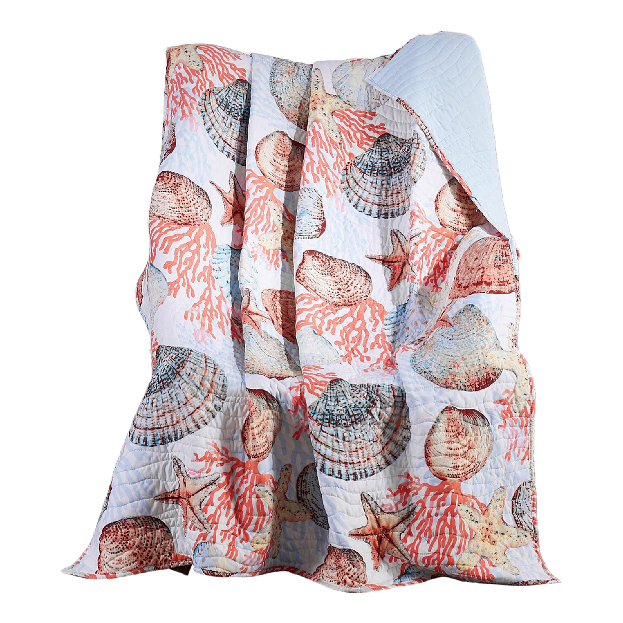 Gul 60 Inch Throw Blanket, Coastal Shell Print, Blue Microfiber Fabric- Saltoro Sherpi
