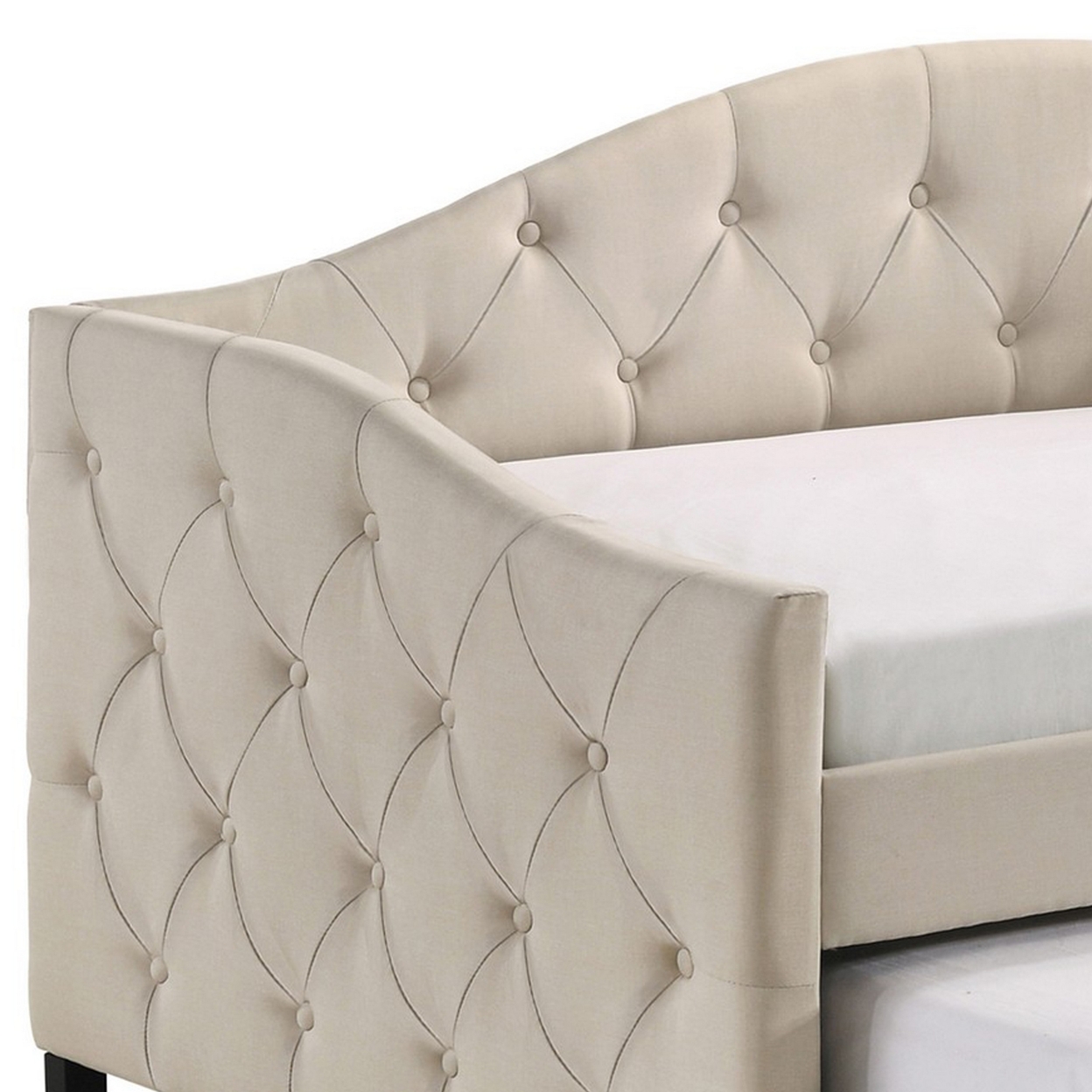 Mosh Twin Daybed With Trundle, Camel Back, Tufted, Taupe Beige Upholstery- Saltoro Sherpi