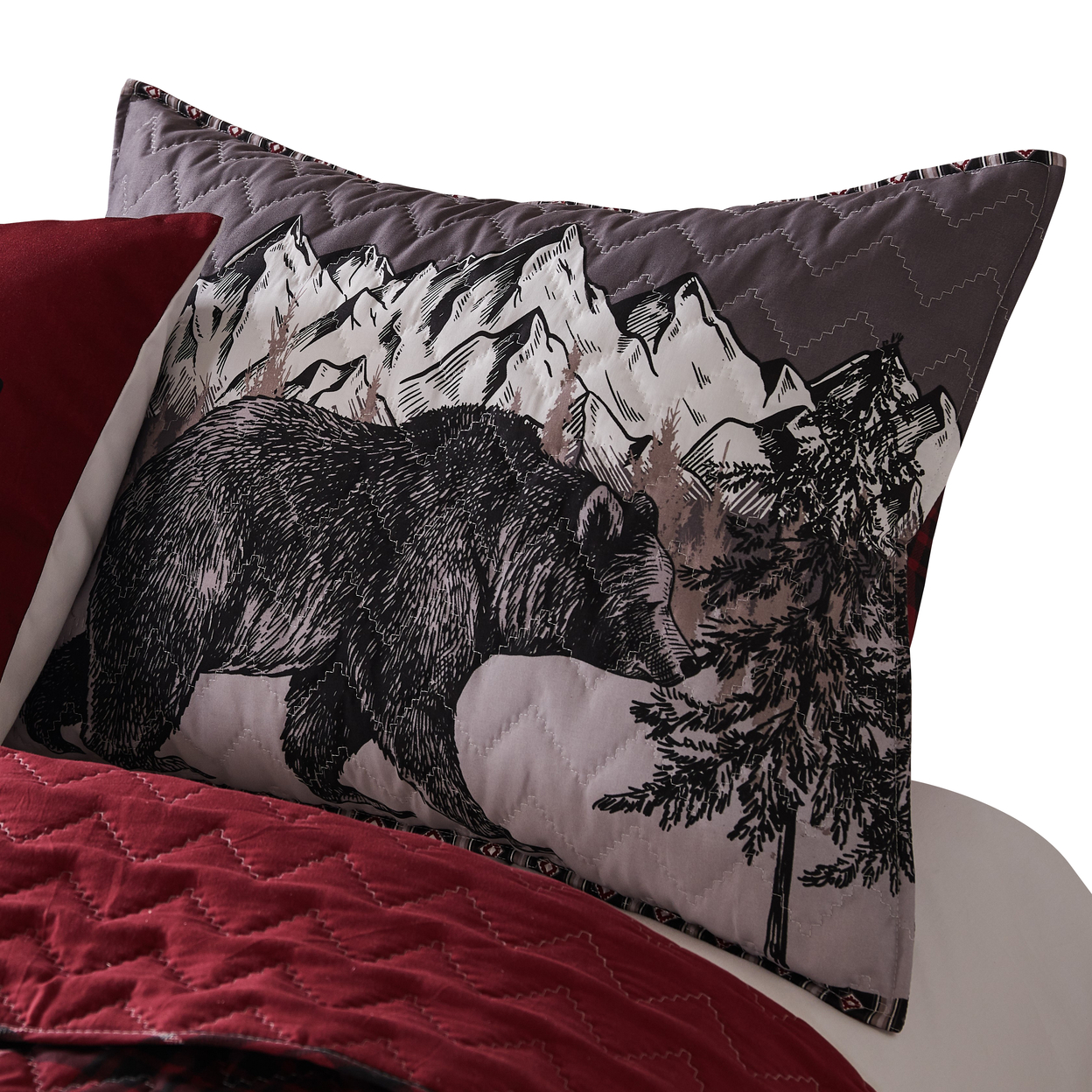 Sofia 20 X 36 King Pillow Sham, Red Plaid Microfiber, Bear And Mountain- Saltoro Sherpi