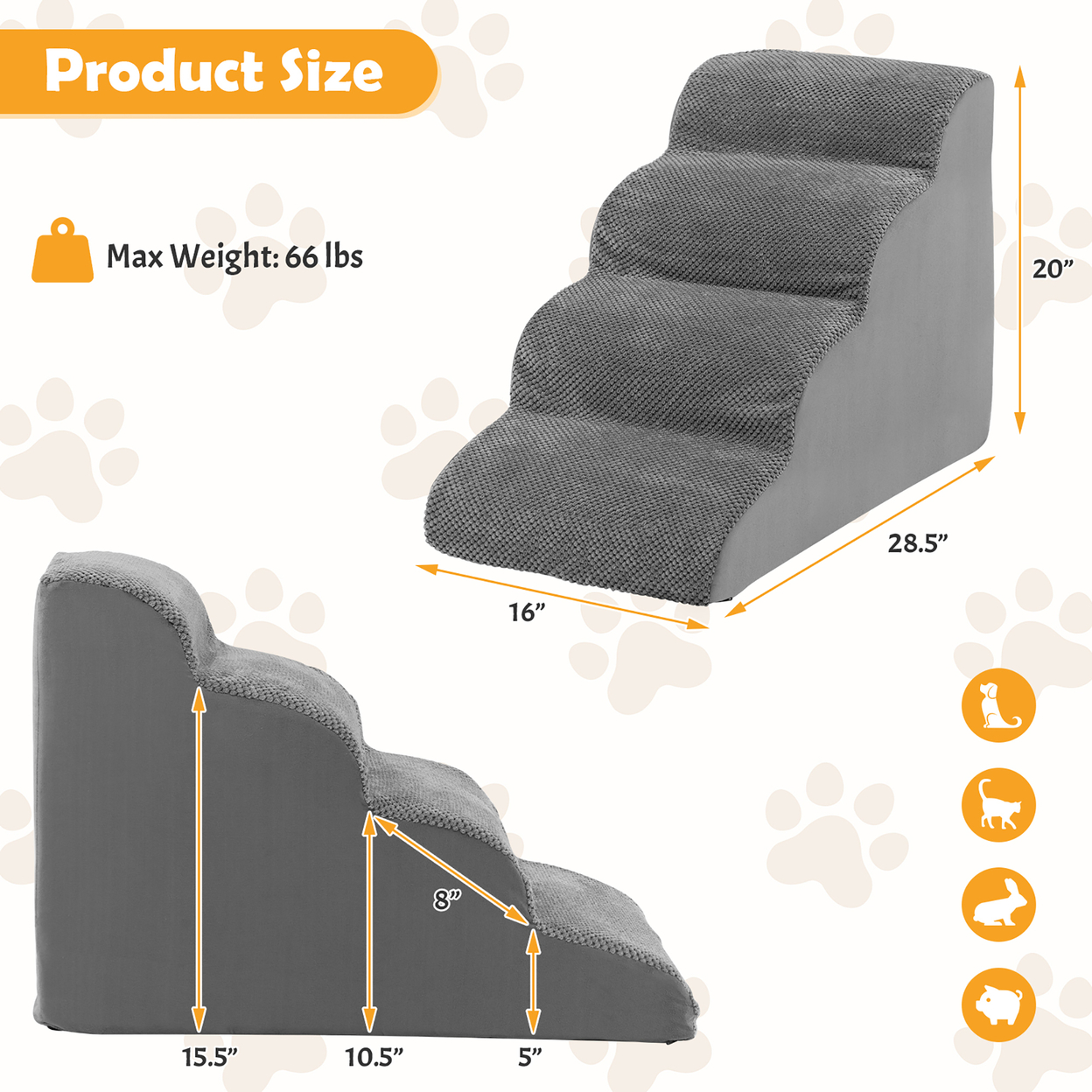 4-Tier Foam Dog Ramp Non-Slip Dog Steps Soft Pet Stairs Ladder W/ Brush For High Sofa Bed