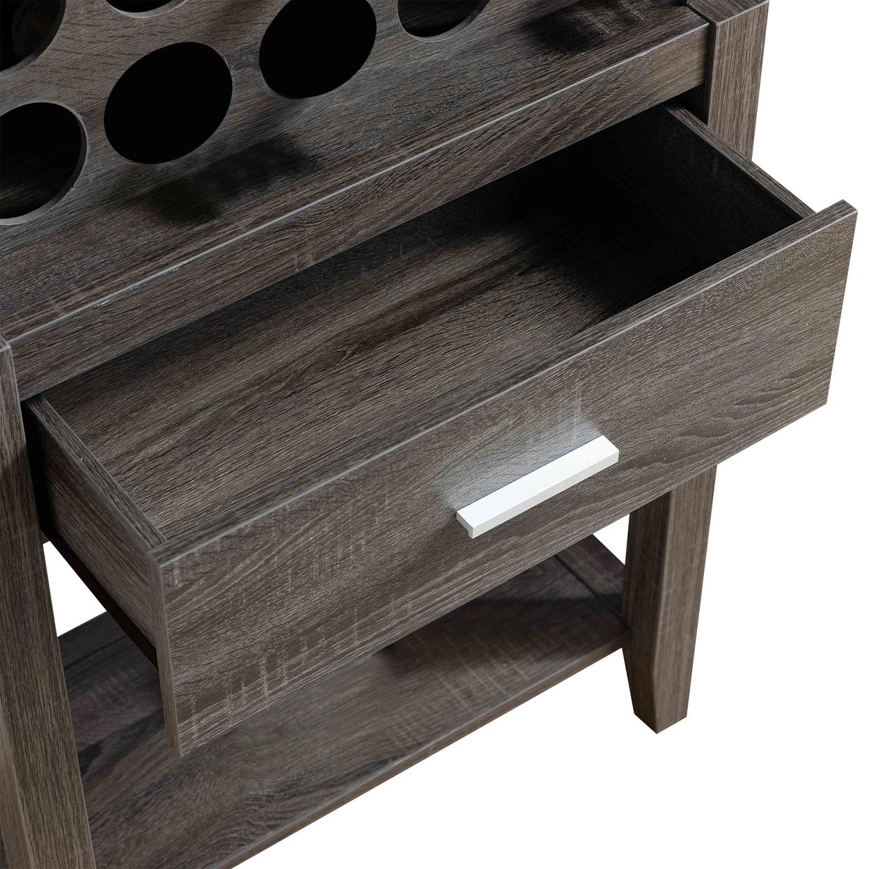 66 Inch Wine Cabinet With 3 Shelves, Bottle Rack, Distressed Gray Finish- Saltoro Sherpi