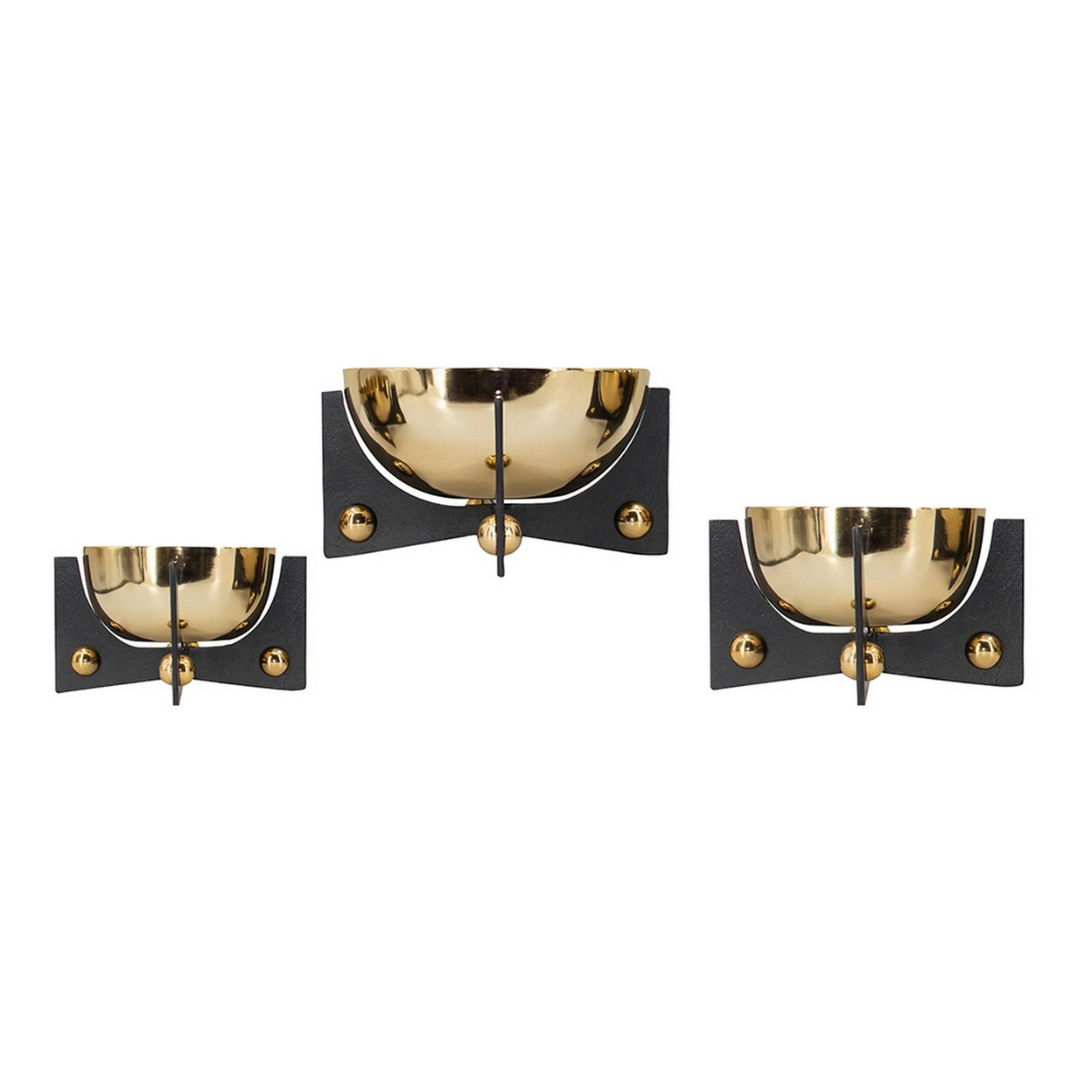 Set Of 3 Aluminum Round Decorative Bowls, Gold Finish, Jet Black Stand- Saltoro Sherpi