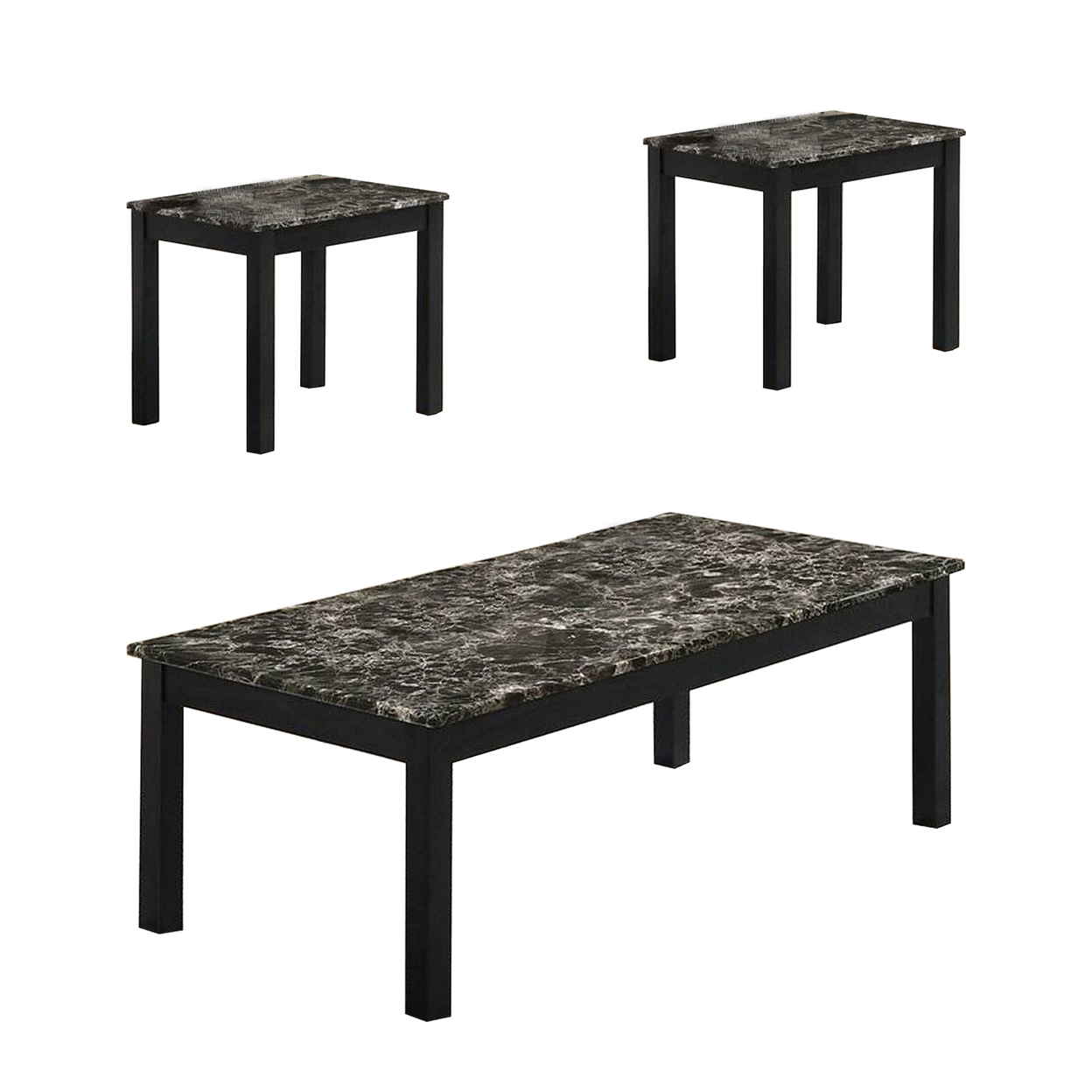 3 Piece Coffee Table And End Table With Faux Marble Top, Black- Saltoro Sherpi