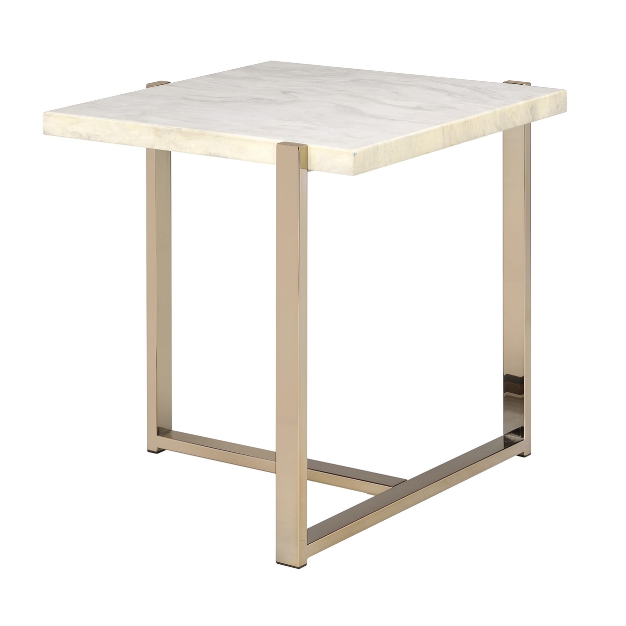 Modern Style Marbleized Wooden End Table With Tubular Metal Frame, Gold And White- Saltoro Sherpi
