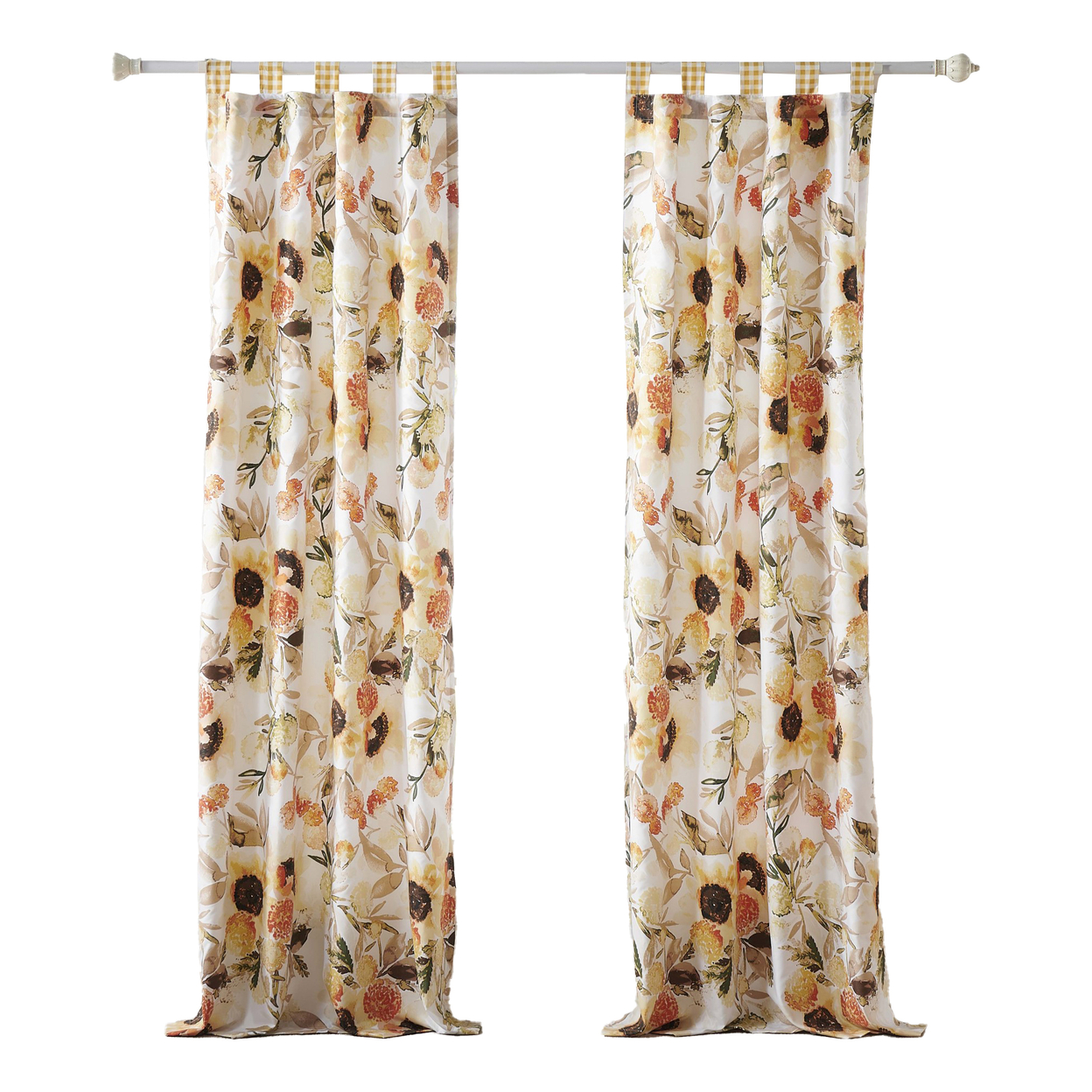 Kelsa Set Of 2 Panel Curtains With Watercolor Sunflowers, Ruffled, Gold