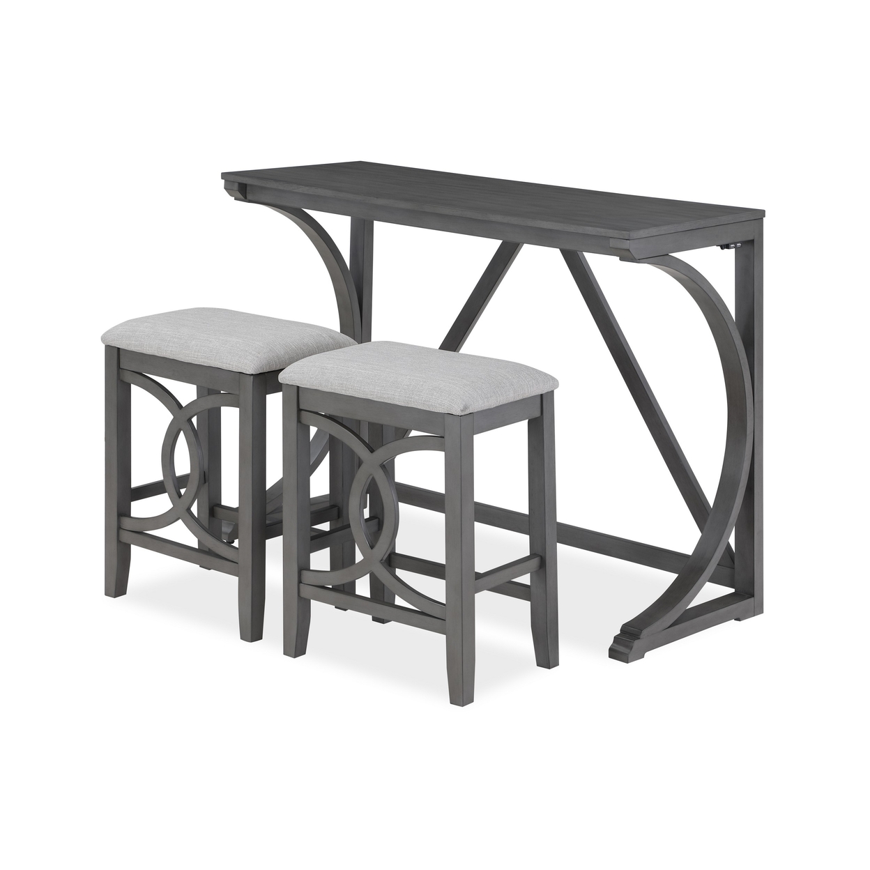 Ruth 3 Piece Gray Counter Table Set, Fabric Seating, Open Geometric Design- Saltoro Sherpi