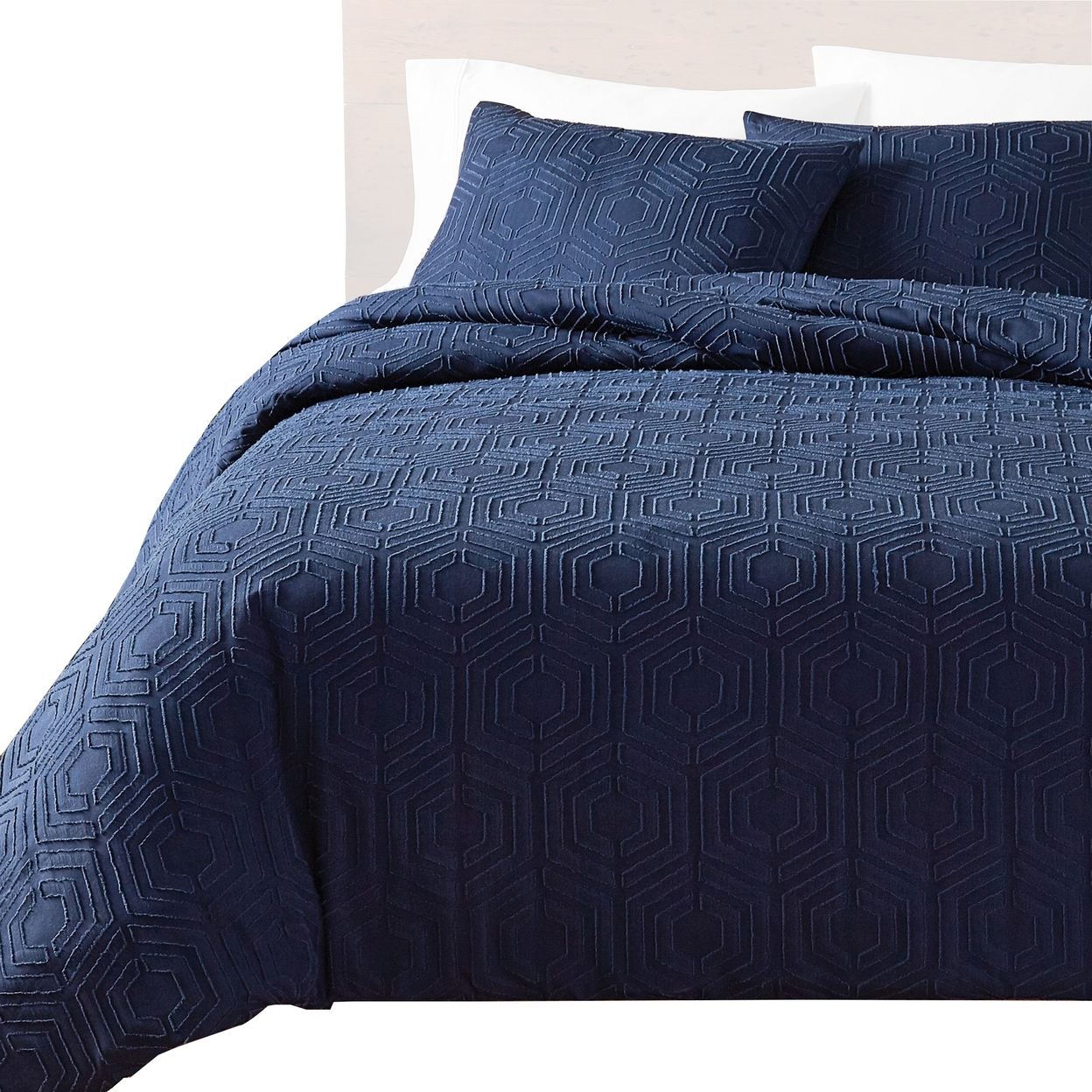 Jose 3 Piece King Size Comforter Set, Matching Shams, Jacquard Navy Blue - Saltoro Sherpi