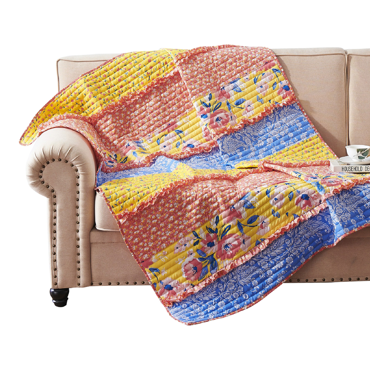 Lio 60 X 50 Quilted Ruffled Throw Blanket, Polyester Fill, Multicolor- Saltoro Sherpi