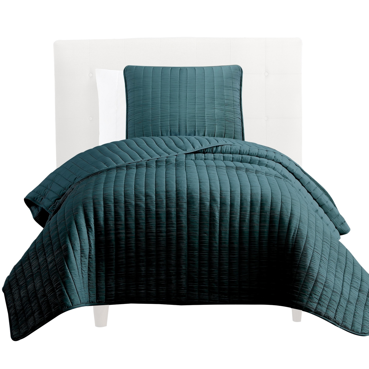 Elia Twin Contemporary Quilt Coverlet Set With Crinkle Texture, Teal Green - Saltoro Sherpi