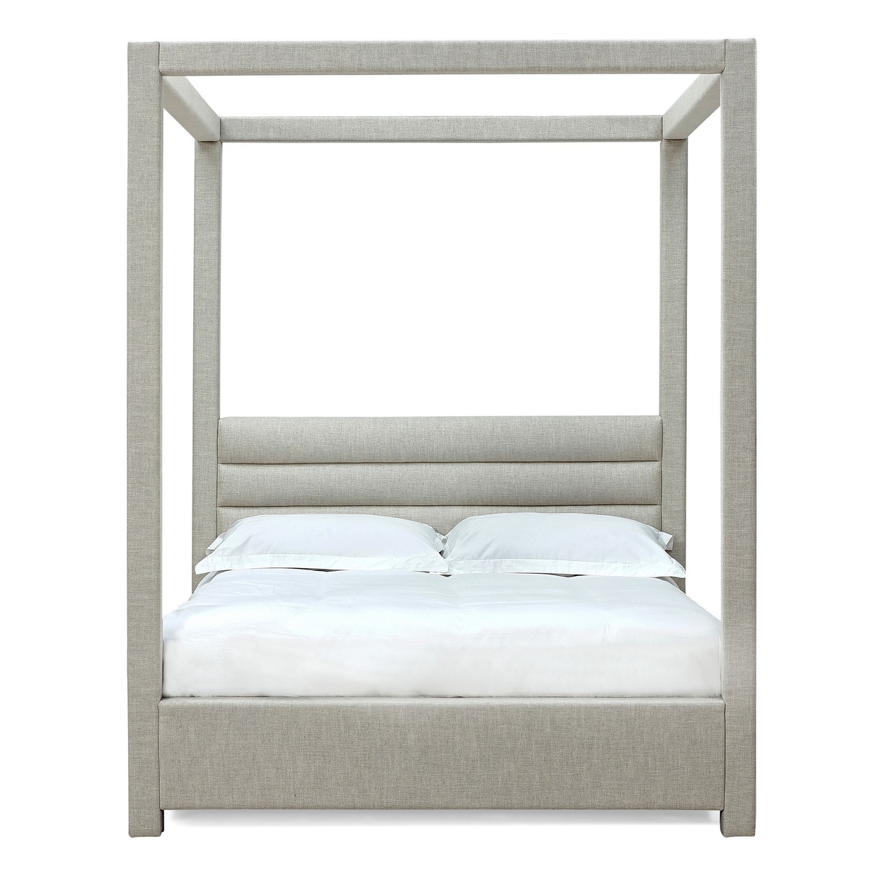 Riu Queen Size Canopy Bed, Panel Headboard, Tufted Gray Linen Upholstery- Saltoro Sherpi
