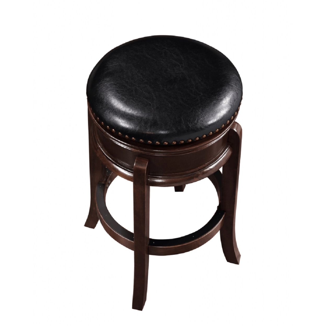 Sabi 29 Inch Swivel Counter Stool, Solid Wood, Faux Leather, Espresso Brown, Black