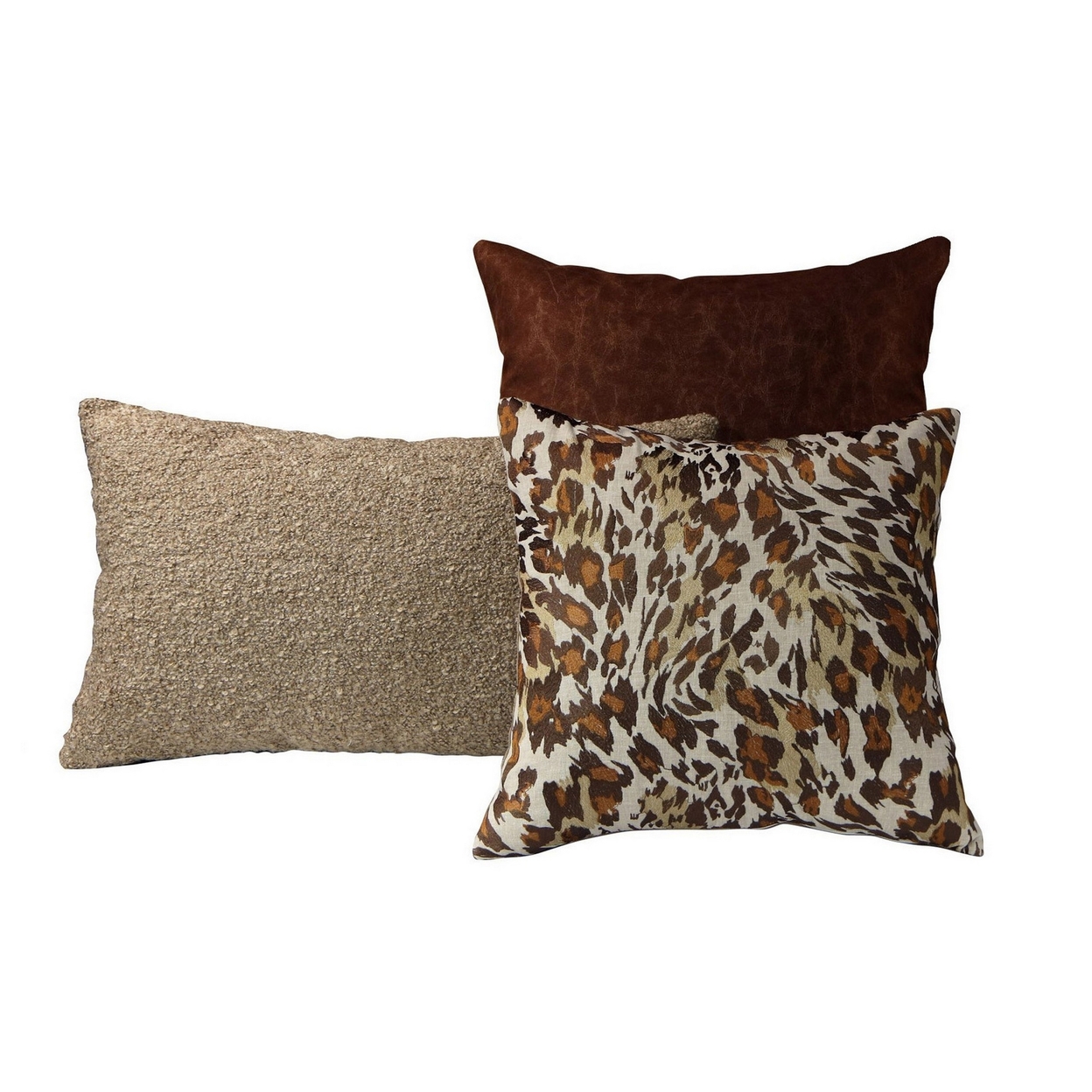 3 Modern Accent Throw Pillows, Animal Print, Sherpa Boucle, Brown, Beige - Saltoro Sherpi