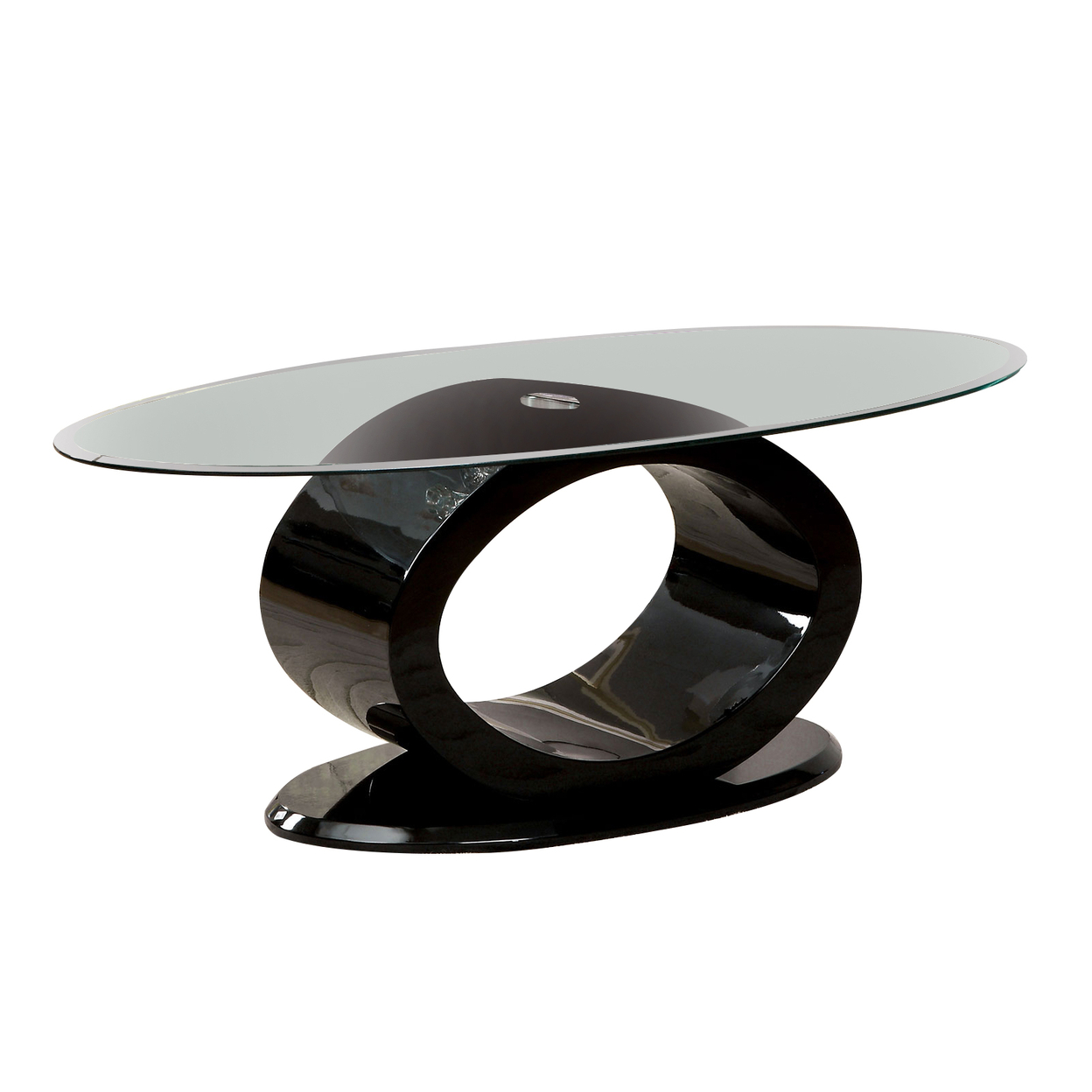 Contemporary Tempered Glass Top Coffee Table With O Shape Base, Black- Saltoro Sherpi