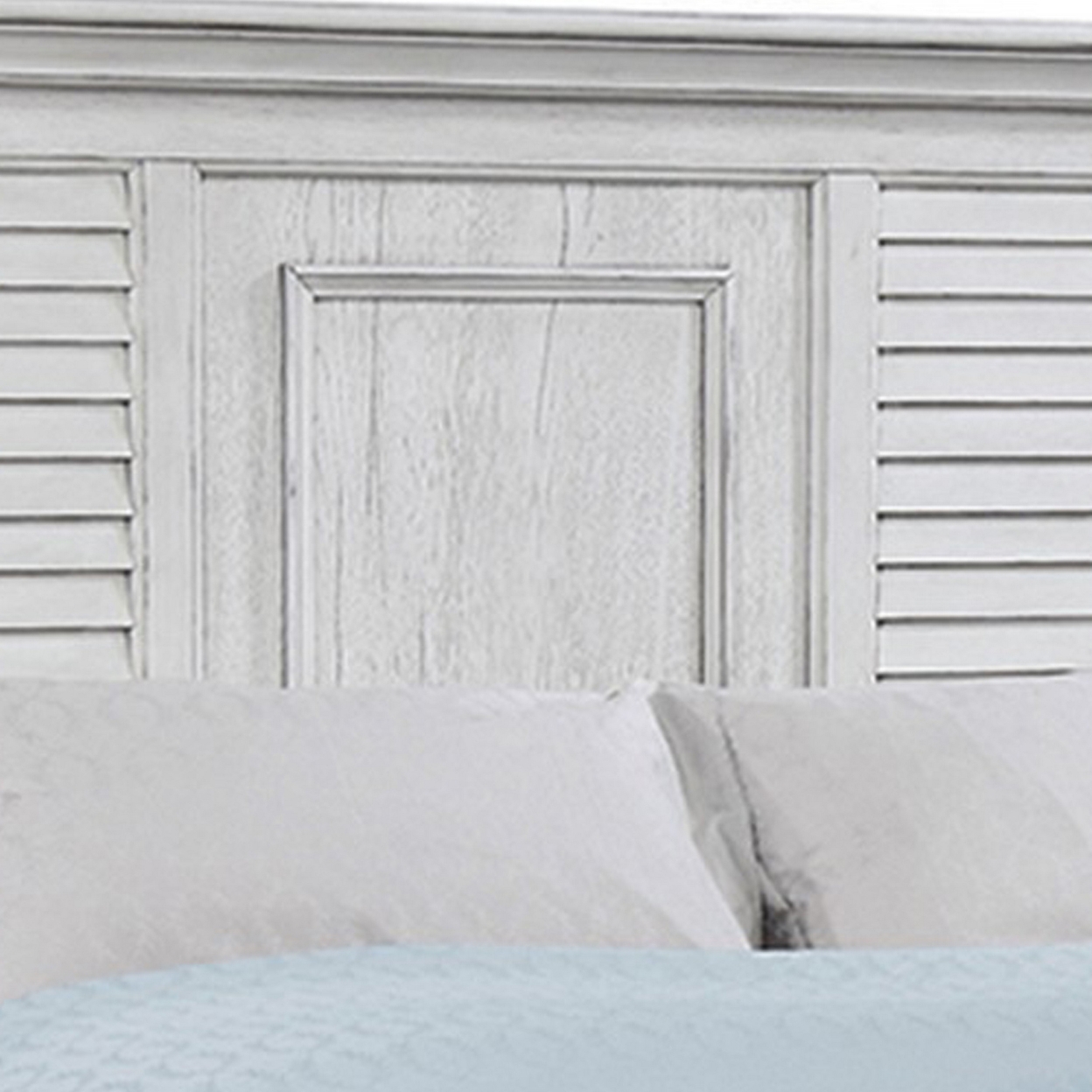 Eli Queen Panel Bed, Pine Wood Shutter Headboard, Molded Trim Antique White- Saltoro Sherpi