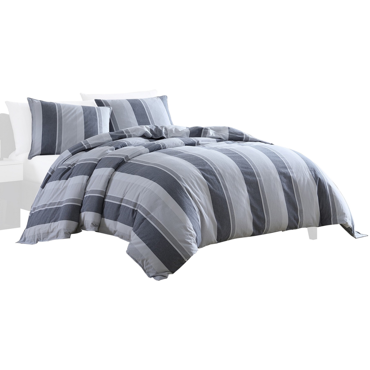 Kia 2 Piece Twin Comforter Set, Yarn Dyed Cotton, Gray Vertical Stripes - Saltoro Sherpi