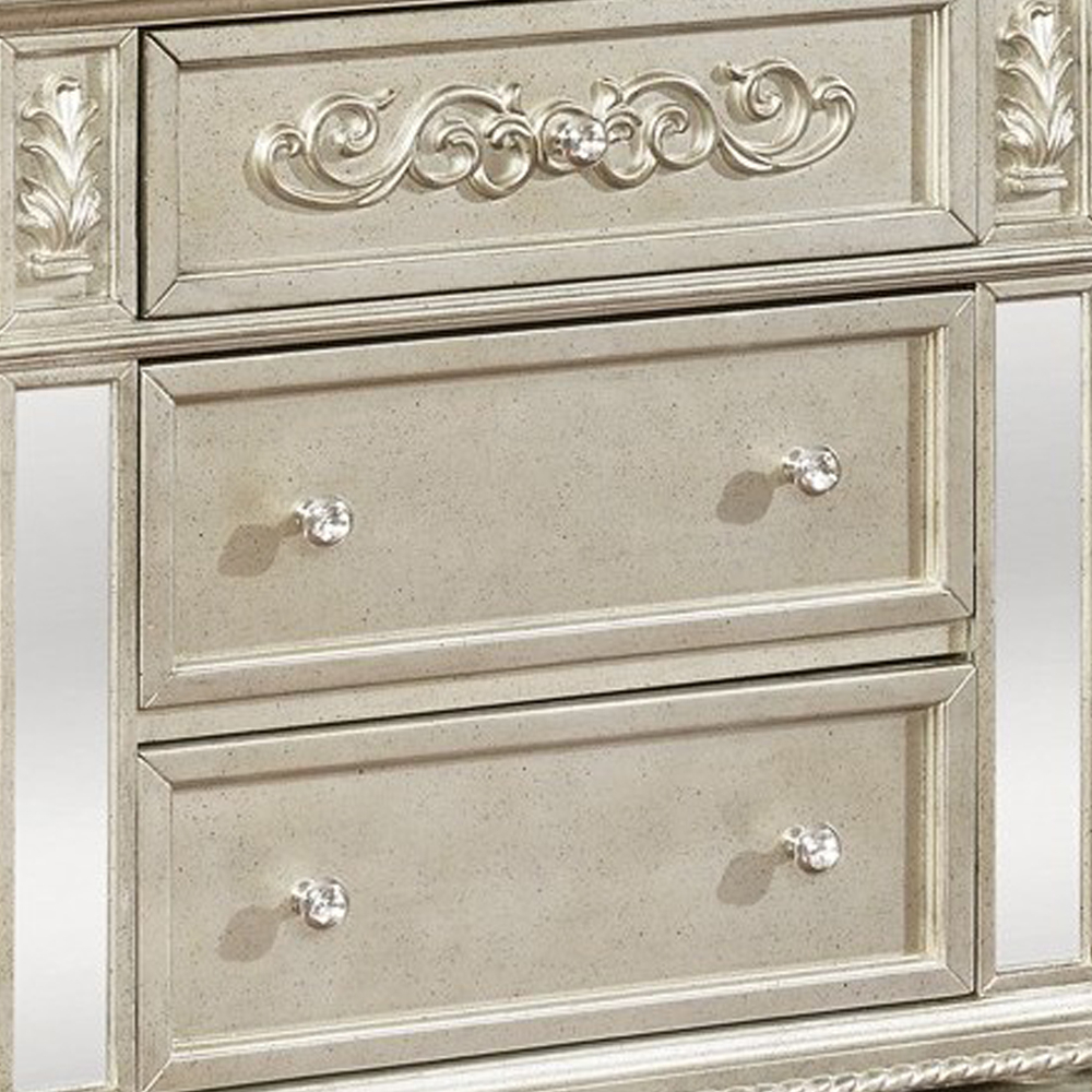 3 Drawers Nightstand With Ornate Carving And USB Ports, Silver- Saltoro Sherpi