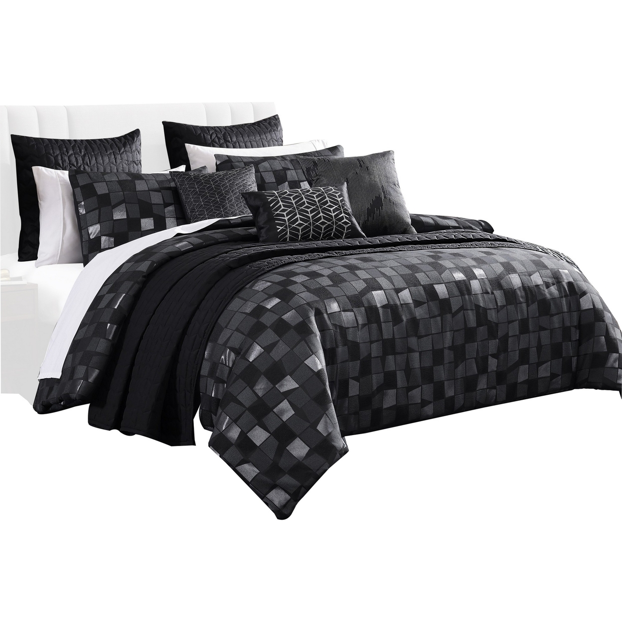 Eve 10 Piece Queen Comforter Set, 3 Pillows, Luxurious Black Woven Jacquard - Saltoro Sherpi