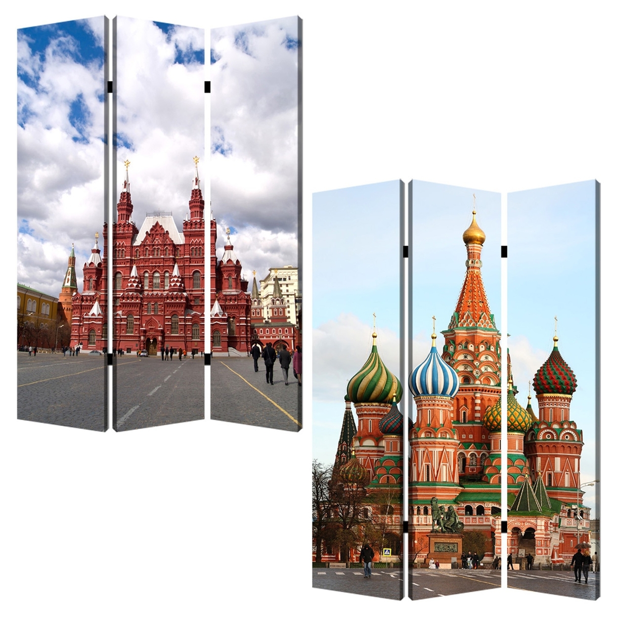 Russian Tower Print Foldable Canvas Screen With 3 Panels, Multicolor- Saltoro Sherpi