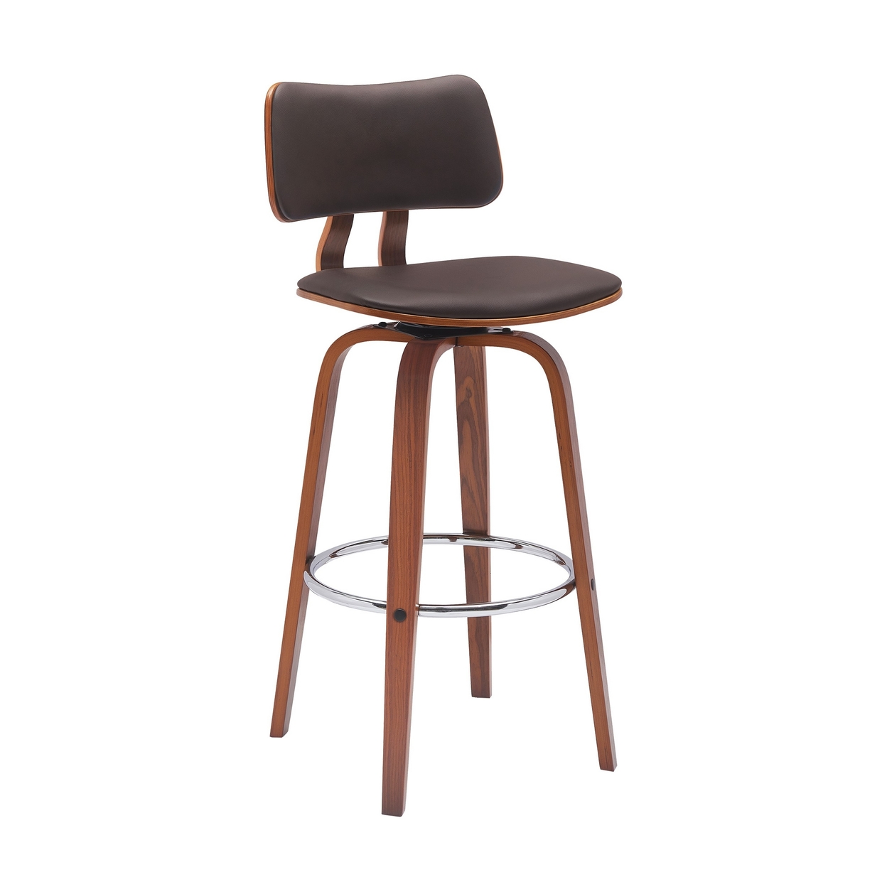 Pino 30 Inch Swivel Barstool Chair, Brown Faux Leather Walnut Brown Wood - Saltoro Sherpi