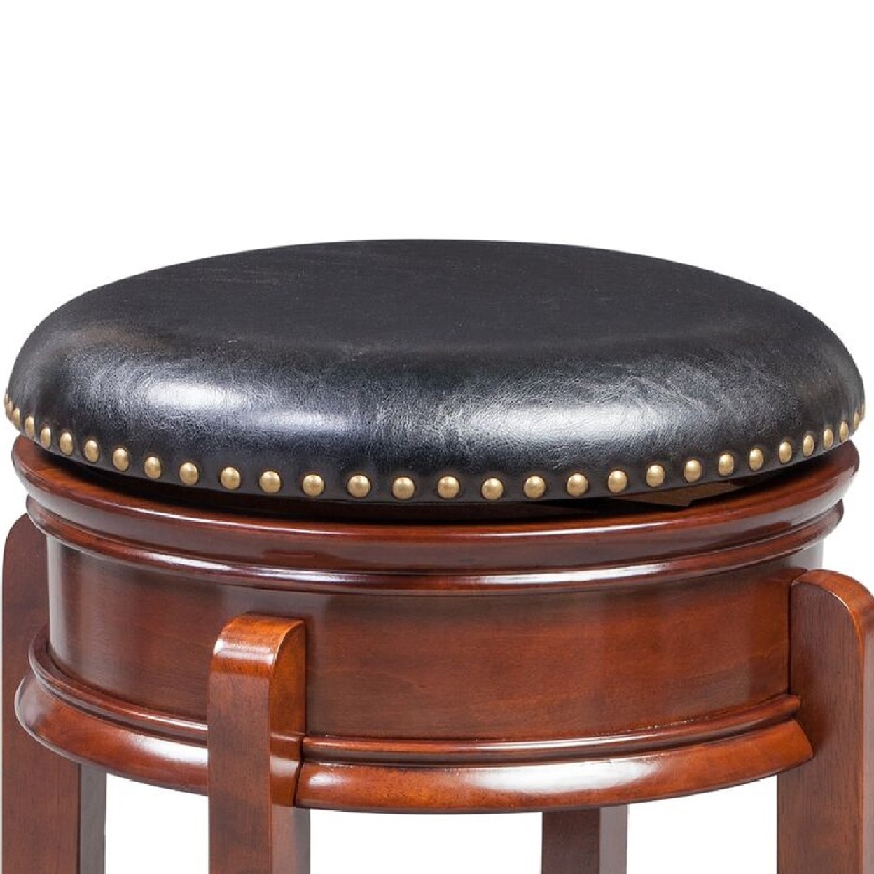 Sabi 24 Inch Swivel Counter Stool, Solid Wood, Faux Leather, Dark Brown, Black