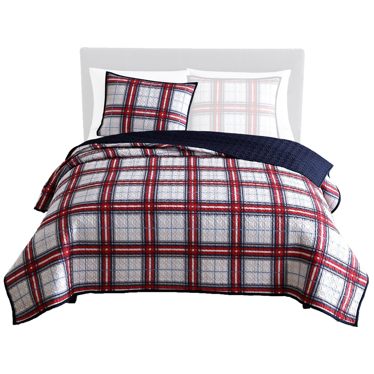 Ivy 2 Piece Twin Size Plaid Coverlet With Matching Sham, Red, White - Saltoro Sherpi