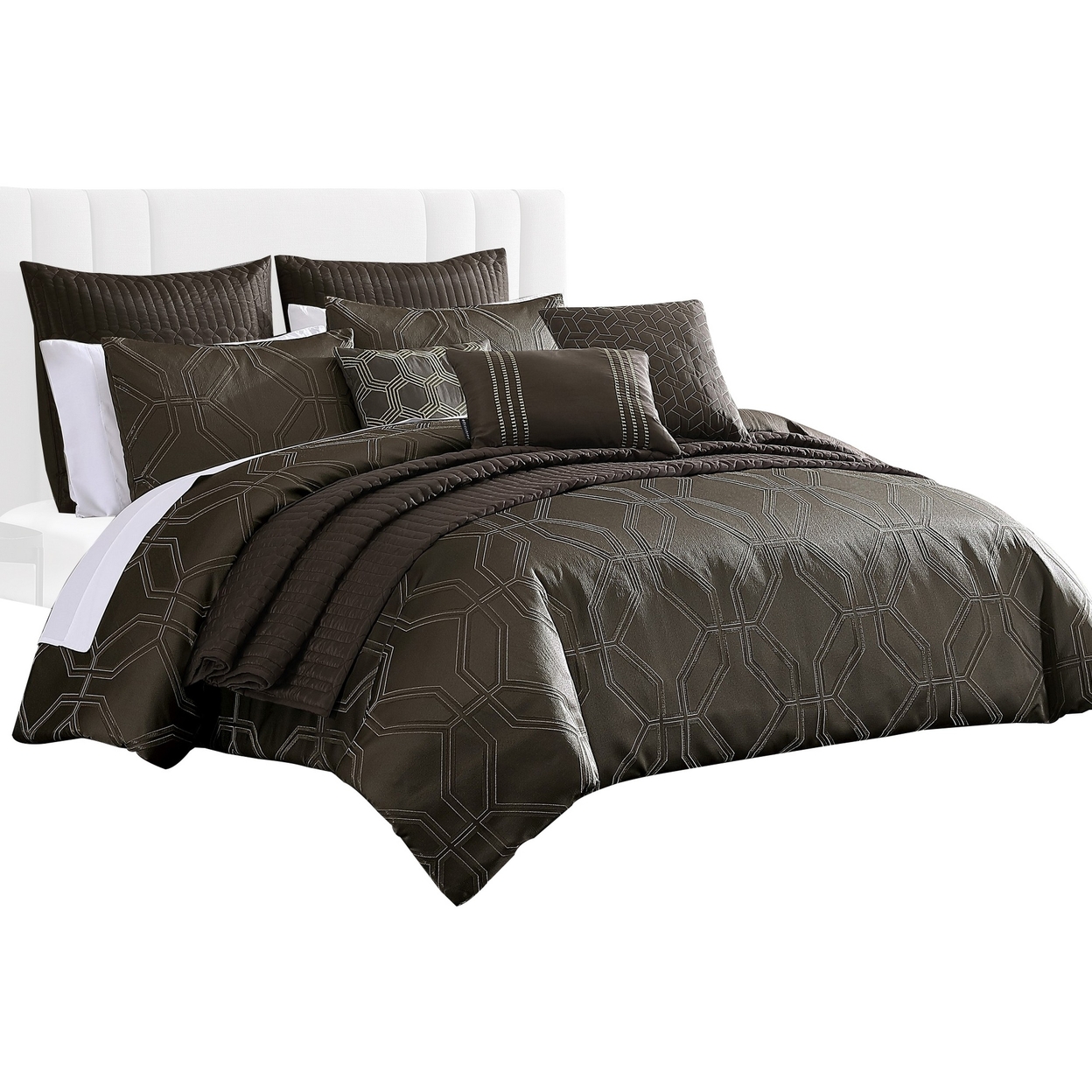 Eve 10 Piece Queen Comforter Set, 3 Pillows, Geometric Gray Woven Jacquard - Saltoro Sherpi