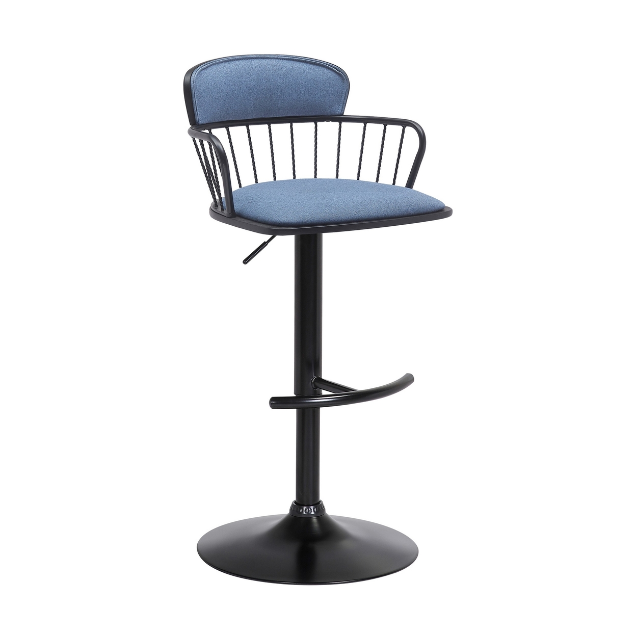 Nish 25-33 Inch Adjustable Barstool Chair, Soft Blue Fabric, Black Frame - Saltoro Sherpi