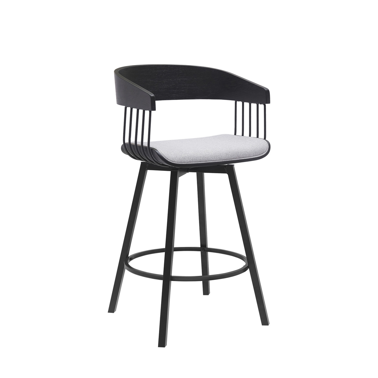 Vera 27 Inch Swivel Counter Stool Chair, Black Open Back, Light Gray Fabric - Saltoro Sherpi