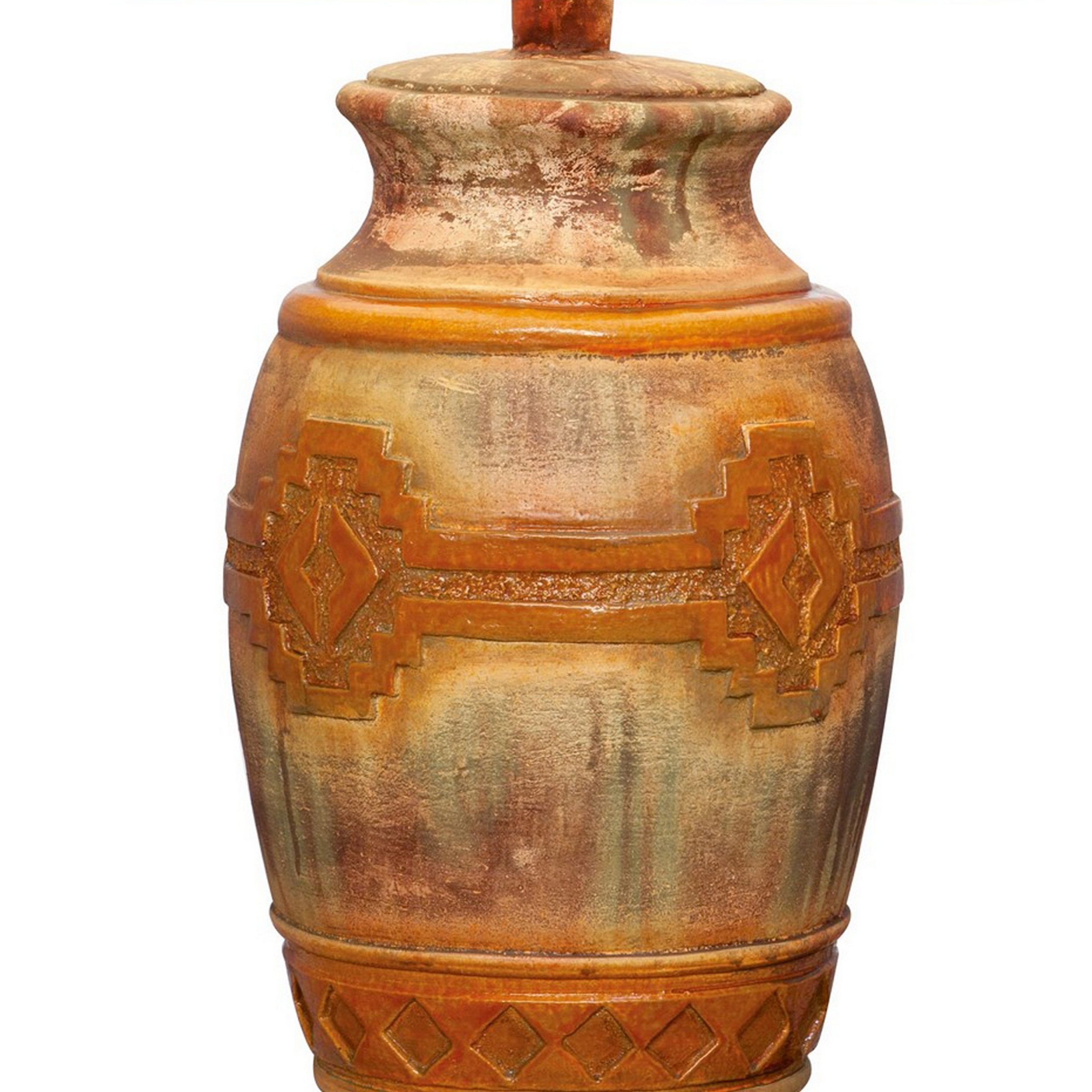 Riza 29 Inch Urn Table Lamp, Carved Trellis Cut, Rich Oak Brown Hydrocal - Saltoro Sherpi