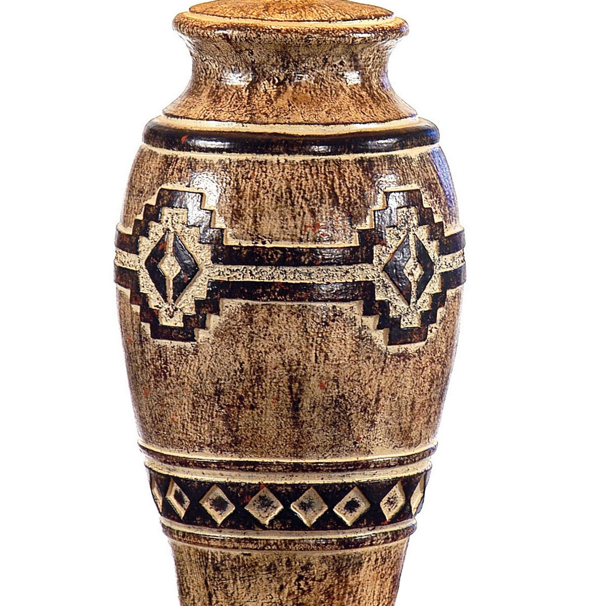 Riza 29 Inch Urn Table Lamp, Carved Trellis, Rich Glossy Brown Hydrocal - Saltoro Sherpi