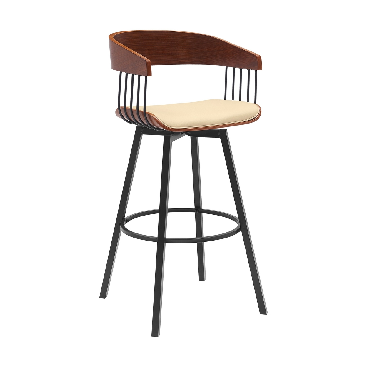 Vera 31 Inch Swivel Barstool Chair, Curved Open Back, Walnut Brown, Cream - Saltoro Sherpi