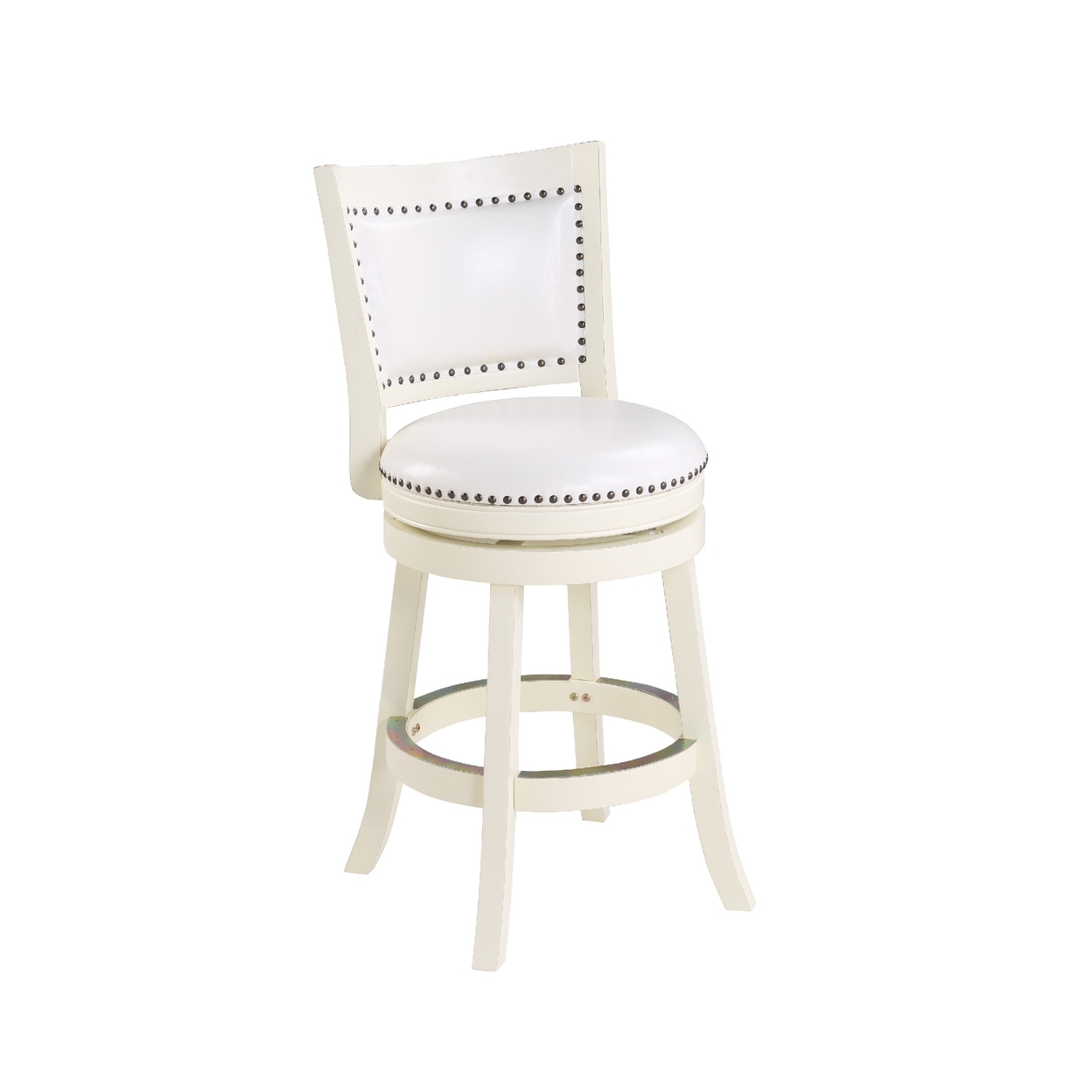 Sabi 24 Inch Swivel Counter Stool, Solid Wood, Faux Leather, White