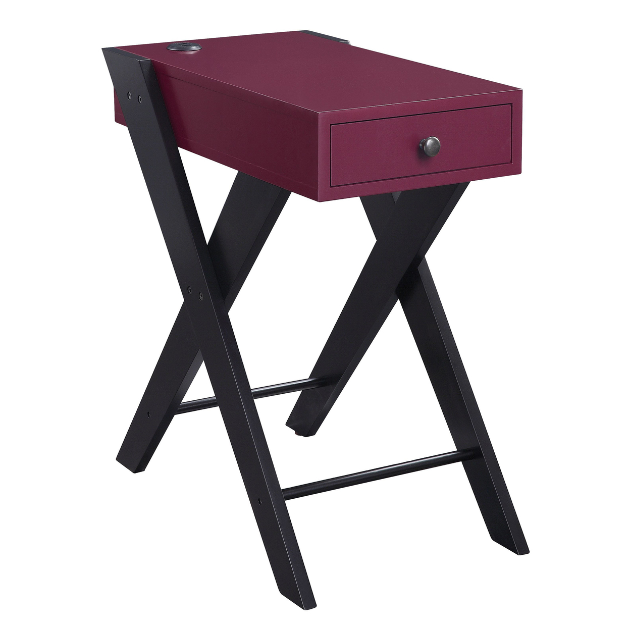 Wooden Frame Side Table With X Shaped Legs And 1 Drawer, Purple And Black- Saltoro Sherpi
