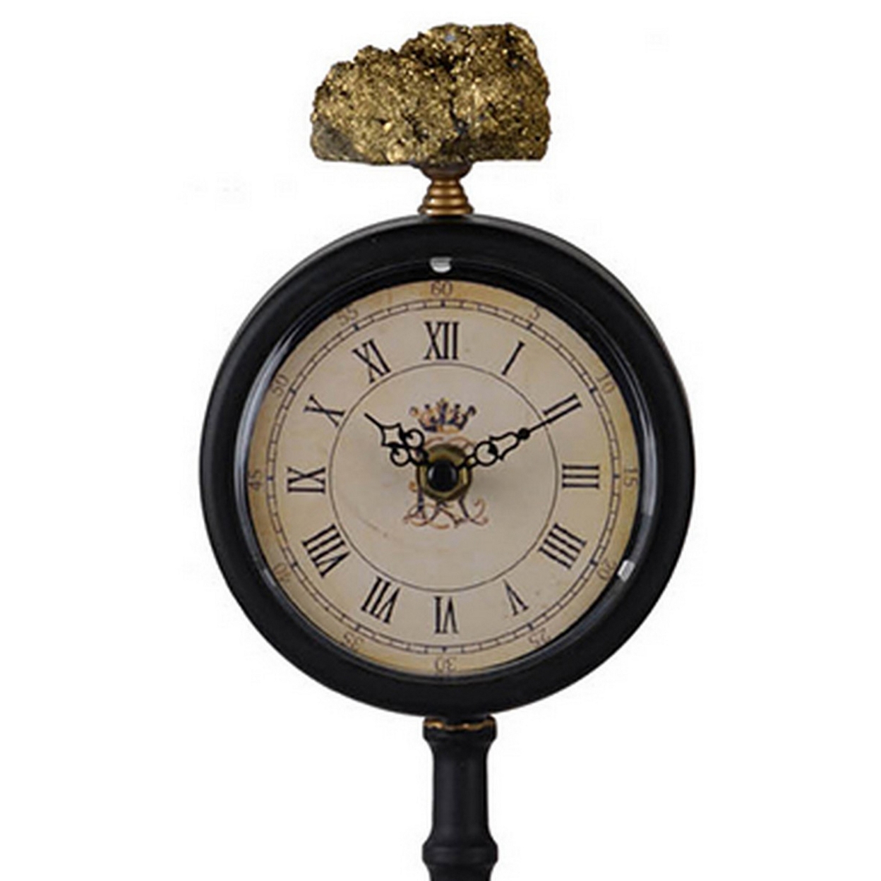 16 Inch Decorative Table Clock, Pedestal Stand, Black Metal, Stone Accent - Saltoro Sherpi