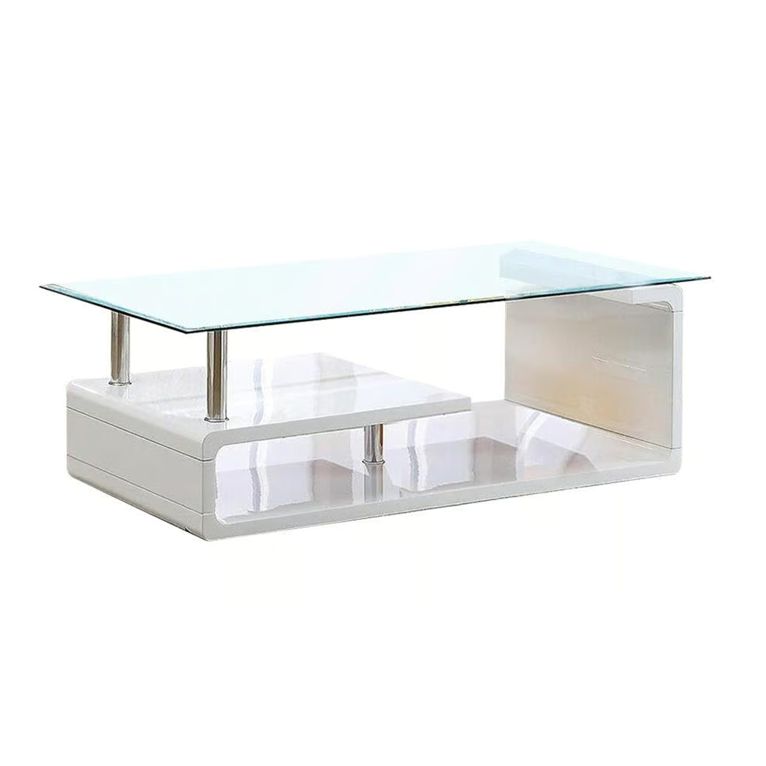Contemporary Coffee Table With Multi Level Curled Open Shelf, White- Saltoro Sherpi