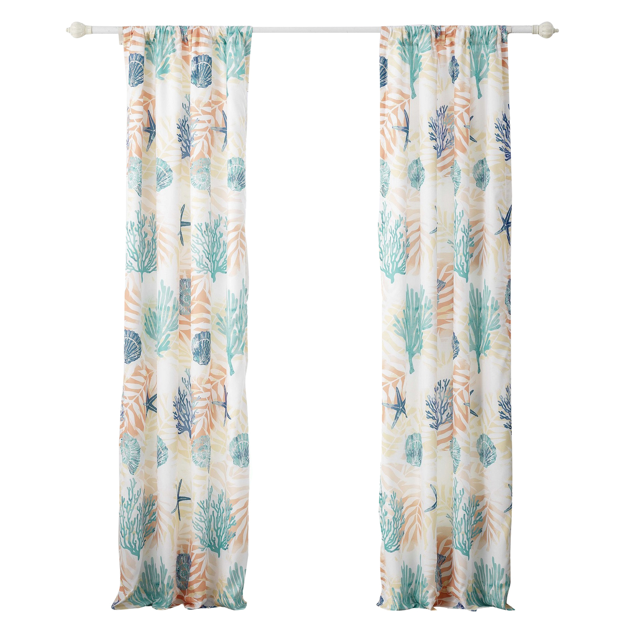 Geo 84 Inch Window Curtains, White Blue Polyester, Seashells Ferns Print