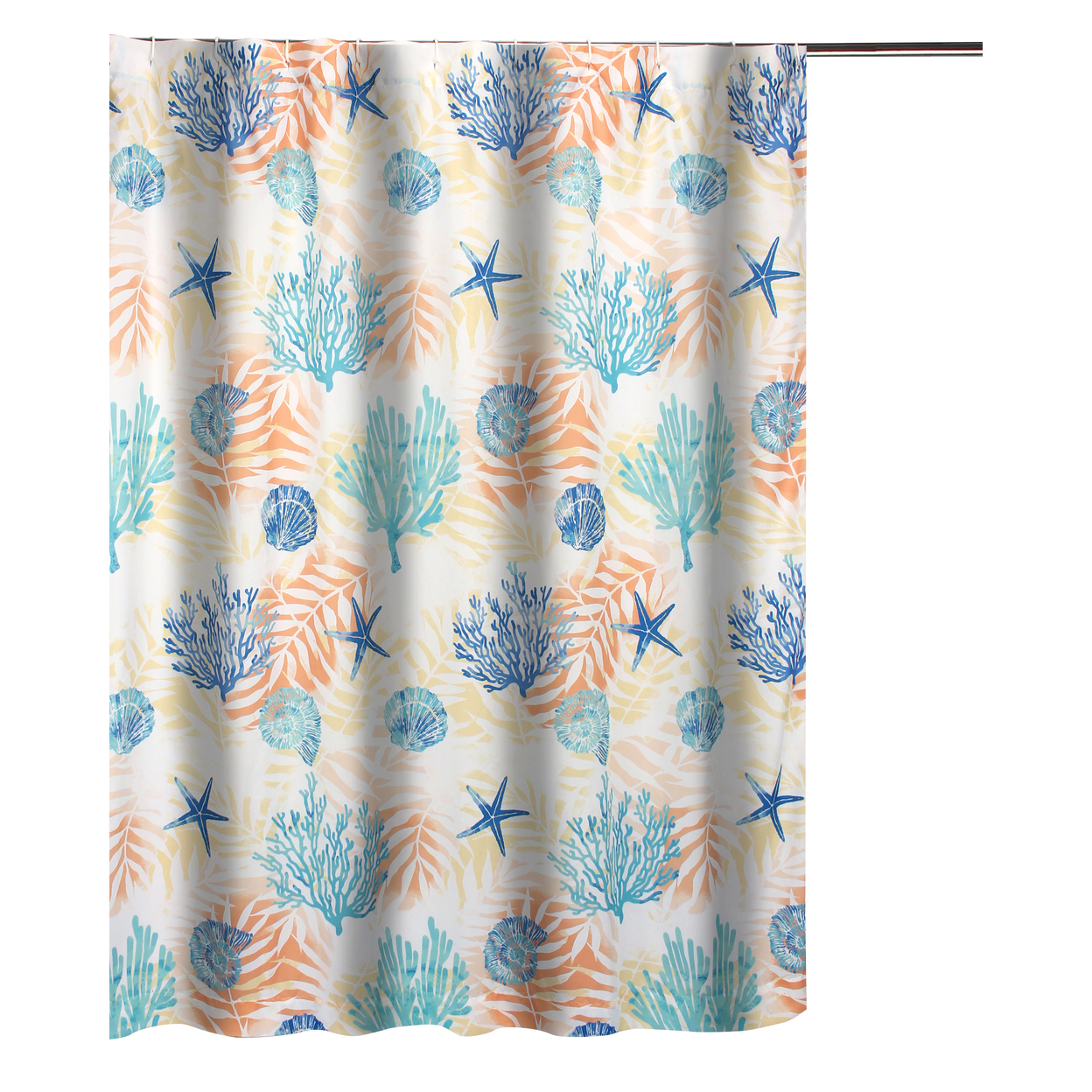 Geo 72 Inch Shower Curtain, White Blue Polyester, Seashells And Ferns Print
