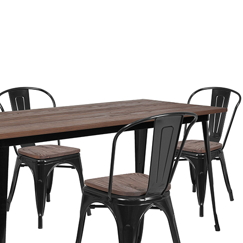30.25 X 60 Black Metal Table Set With Wood Top And 4 Stack Chairs