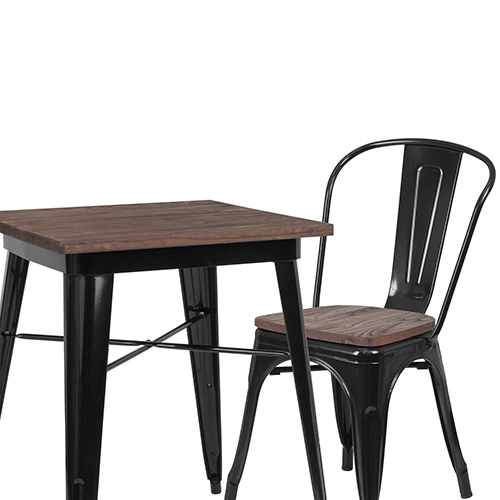 23.5 Square Black Metal Table Set With Wood Top And 2 Stack Chairs