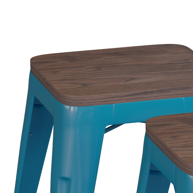 18 Backless Table Height Stool With Wooden Seat, Stackable Teal Metal Indoor Dining Stool, Commercial Grade - Set Of 4