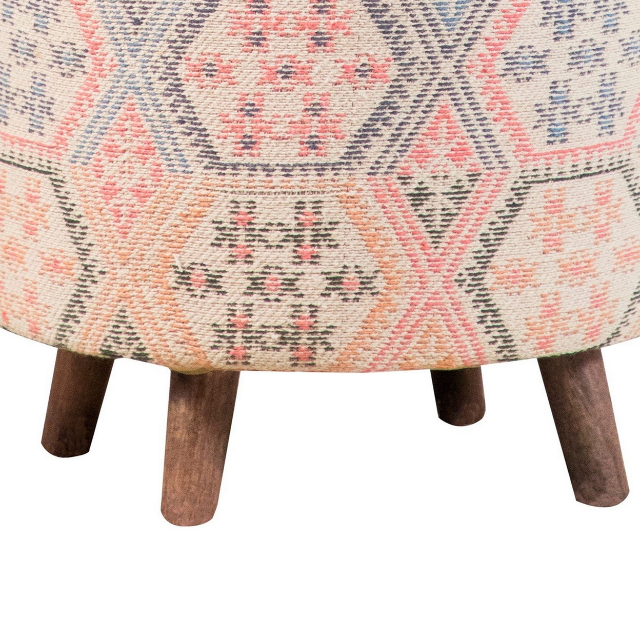 18 Inch Bohemian Style Wood Accent Stool With Multicolor Woven Upholstery- Saltoro Sherpi