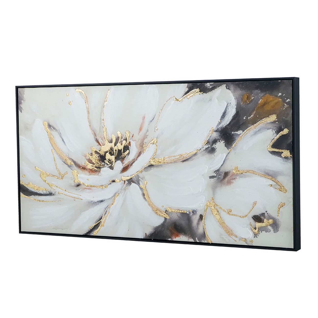 25 X 48 Inch Canvas Wall Art, Oil Painting, White Floral, Gold Accent- Saltoro Sherpi