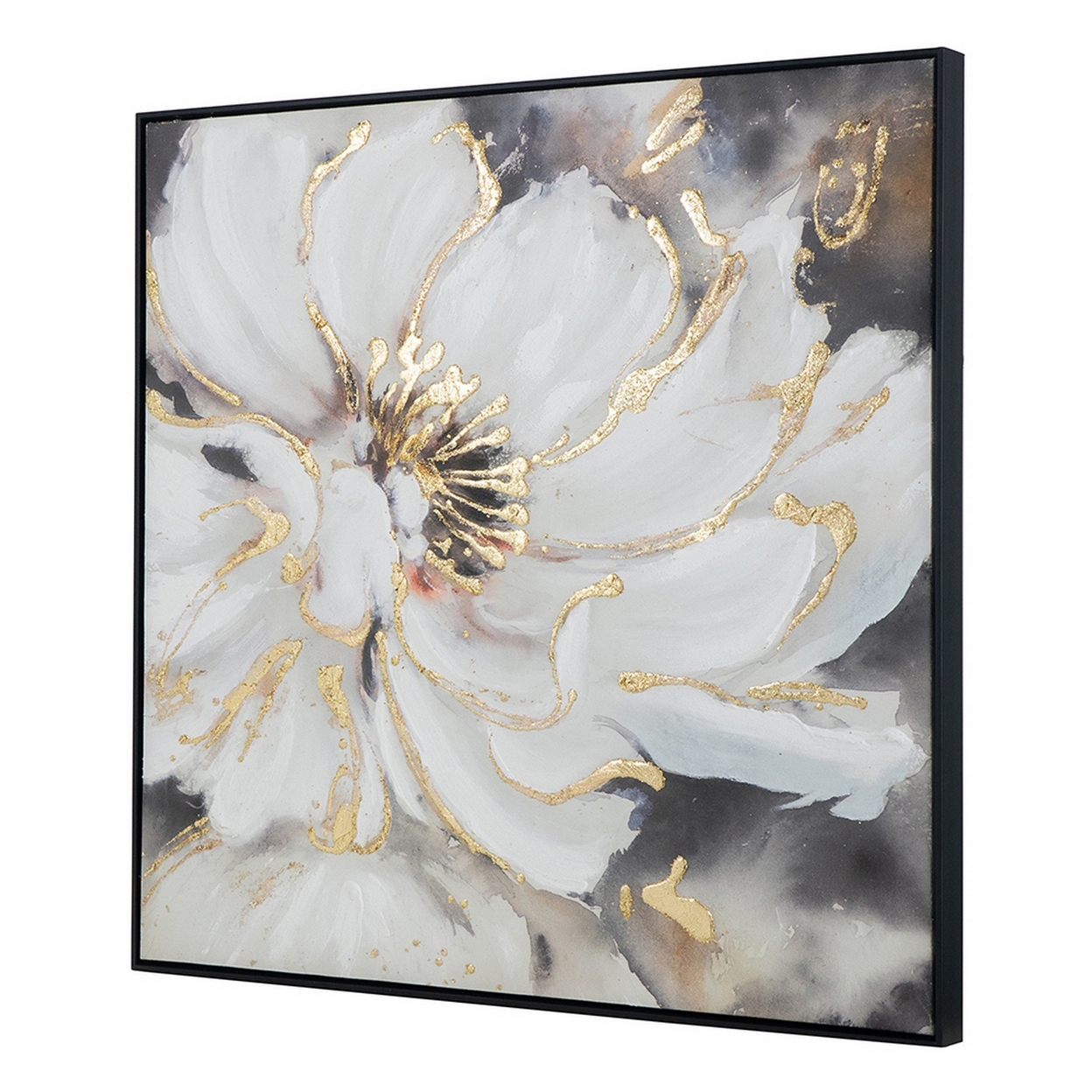 36 X 36 Inch Framed Wall Art, Floral Oil Painting On Canvas, White Gold- Saltoro Sherpi