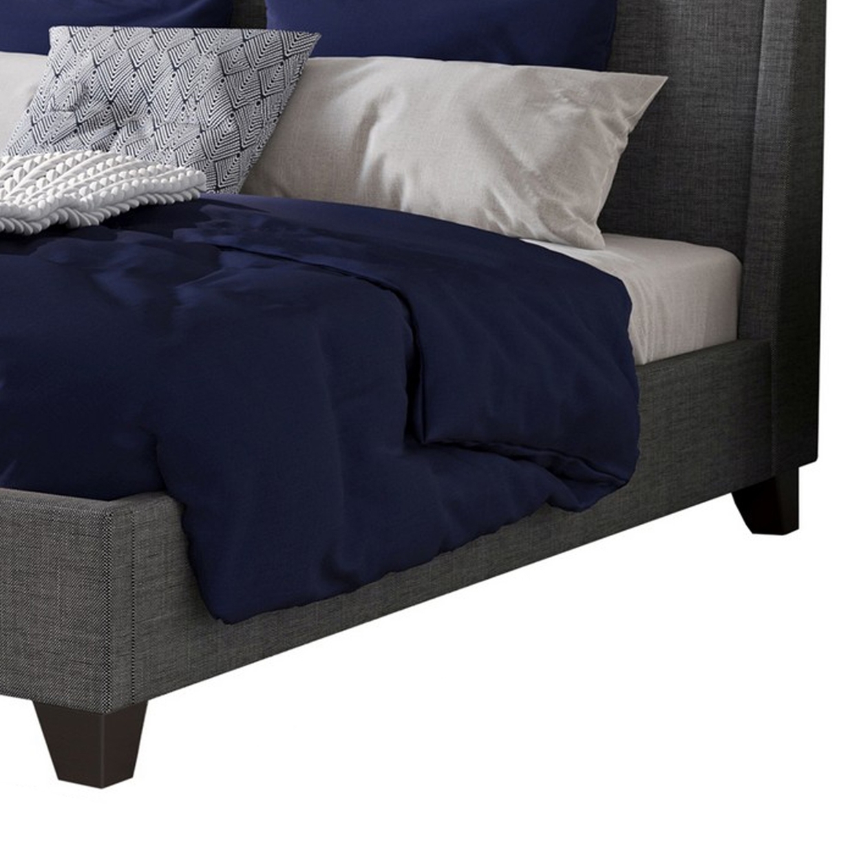 Atina Full Bed, Dark Charcoal Gray Linen Upholstered, Slanted Headboard - Saltoro Sherpi