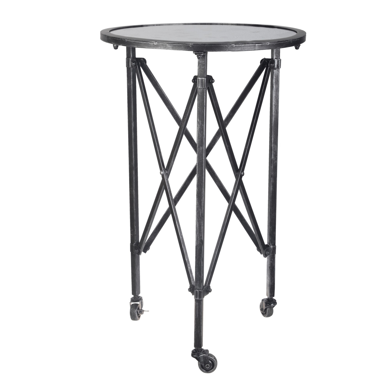 27 Inch Side Table, Round Metal Body, Glass Tabletop, 3 Wheels, Silver- Saltoro Sherpi