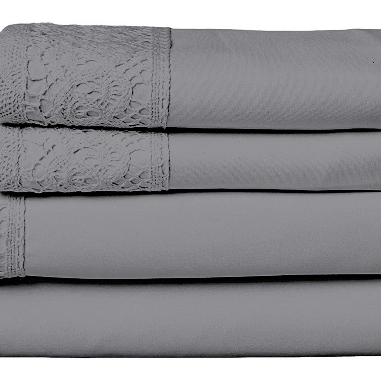 Edra 4 Piece Microfiber King Size Bed Sheet Set With Crochet Lace, Gray- Saltoro Sherpi