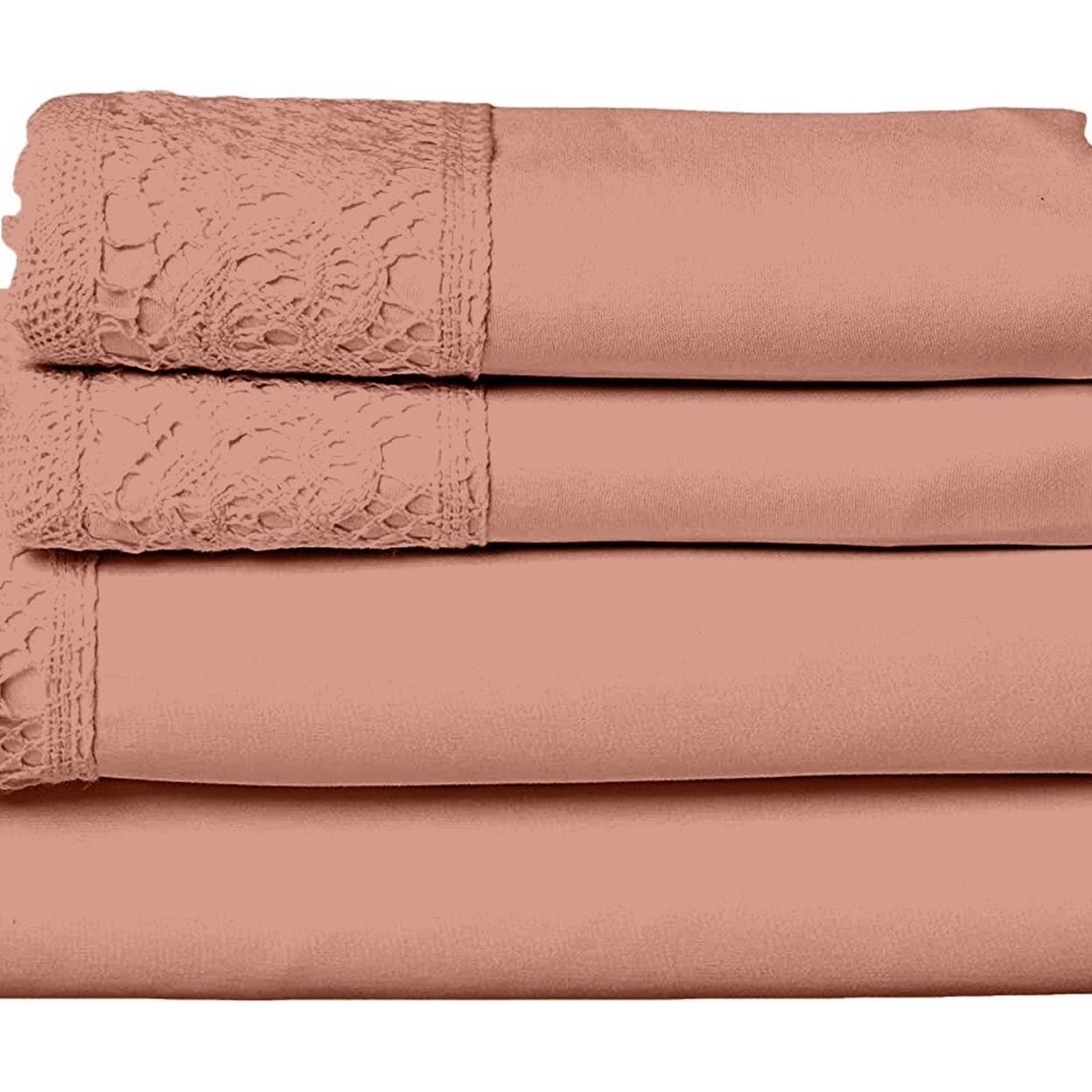 Edra 4 Piece Microfiber Full Size Bed Sheet Set, Crochet Lace, Dusty Pink- Saltoro Sherpi
