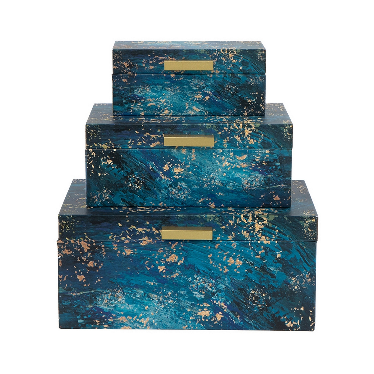Set Of 3 Decorative Rectangular Storage Boxes, Gold Handles, Blue Design- Saltoro Sherpi