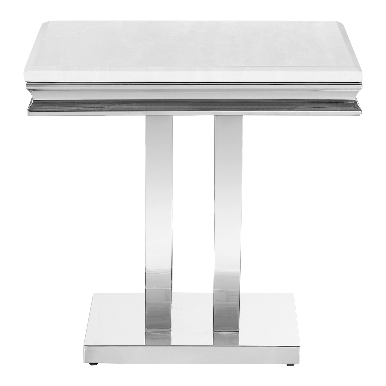 Kas 24 Inch Square End Table, White Stone Top, Polished Chrome Flush Base- Saltoro Sherpi